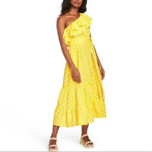 Lisa Marie Hernandez Linen Blend Polka Dot Ruffle Dress Yellow Size XS NWT